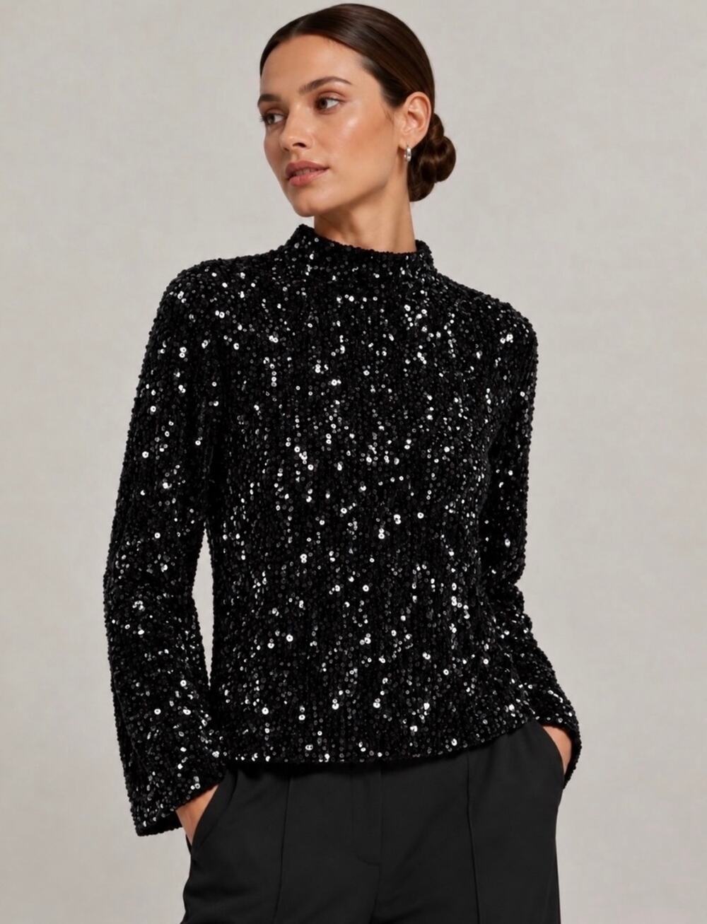 J.McLaughlin Women’s Black Velvet Sequin Top Long Sleeve Mock Neck Size L